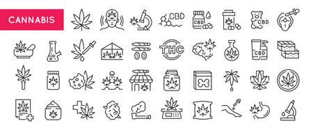 Cannabis icons. Set of 20 cannabis trendy minimal icons. Example: Leaf, Pills, Flask, Bud, Dispensary icon. Design signs for web page, mobile app, packaging design. Vector illustration.のイラスト素材
