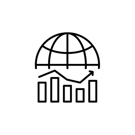 Global business growth icon. A simple vector illustration representing global financial growth with a globe and ascending bar chart. Ideal for use in financial reports. Vector illustrationのイラスト素材