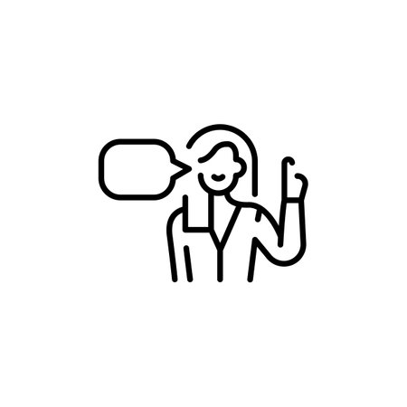 Businesswoman speech icon. Simple businesswoman giving a speech or presentation icon for social media, app, and web design. Vector illustration.のイラスト素材