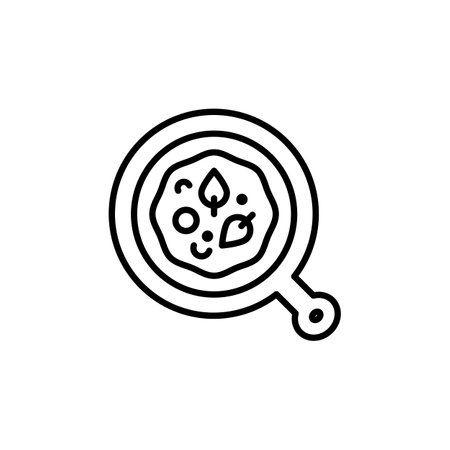 Pizza on a paddle icon. A minimalistic outline design depicting a pizza on a traditional pizza paddle. Perfect for culinary projects, restaurant branding, and food-related designs. Vector illustrationのイラスト素材