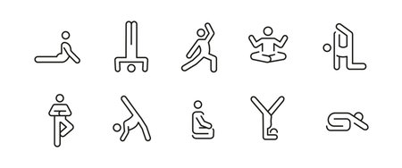 Yoga and meditation icons. 10 of yoga and meditation trendy minimal icons. Yoga Pose, Meditation, Stretching icon. Design signs for web page, mobile app, packaging design. Vector illustrationのイラスト素材