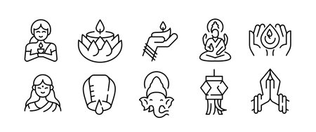 Diwali icons. Set of 10 Diwali-themed trendy minimal icons. Example: Diya Lamp, Om, Ganesha, Lotus Flower icon, hands. Design signs for web page, mobile app, packaging design. Vector illustrationのイラスト素材