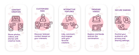 Social media icons. Set of 5 social media icons. Content creation, customized feed, interactive...
