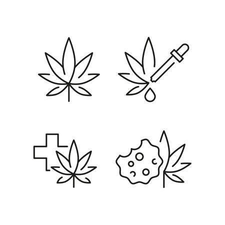 Cannabis icons. Set of 4 cannabis trendy minimal icons. Example: Leaf, Pills, Flask, Bud, Cookie icon. Design signs for web page, mobile app, packaging design. Vector illustration.のイラスト素材