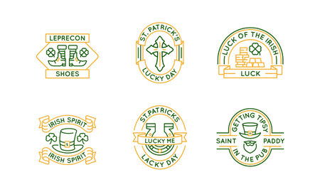 Irish St Patricks logos, labels, icons. A set of 6 festive logotypes. Beer, Gnome, Leprechaun,...