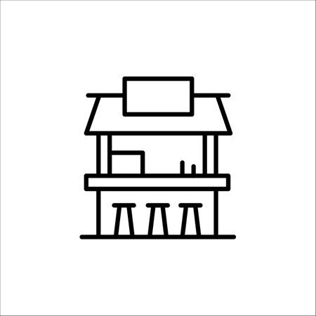 Tiki bar icon. Minimal line art of a tropical outdoor beach bar with stools and a counter. Perfect for summer, vacation, and resort-themed designs. Vector illustrationのイラスト素材