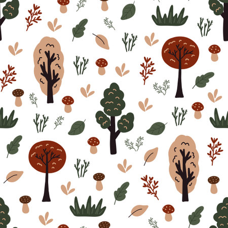 Seamless pattern with hand drawn forest elements.