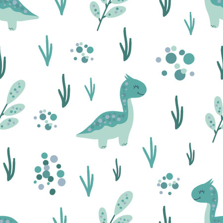 Seamless pattern with dinosaurs and plants for kidsの写真素材