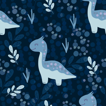 Seamless pattern with dinosaurs and leaves on dark blue background.の写真素材