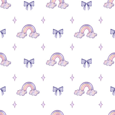 children's Seamless pattern with digital watercolor rainbow, bow and starsの写真素材
