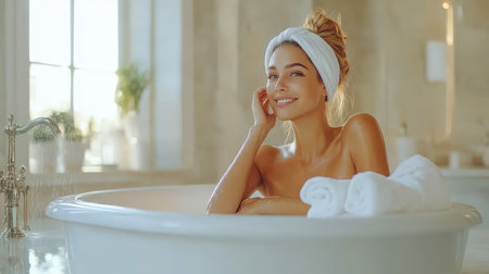 Relaxed young woman in bathtub with towel on her headの素材
