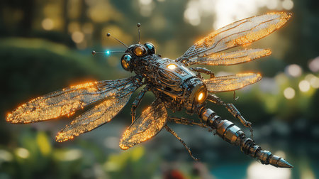 A robotic dragonfly floats above a vibrant garden, showing intricate wing designs and advanced technology.の素材