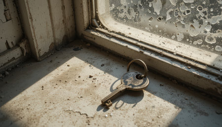 A rusty key lies on a dusty windowsill with sunlight illuminating the grime-covered glass surrounding it.の素材
