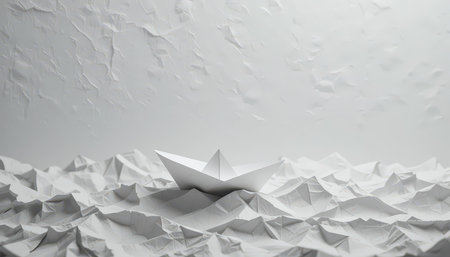 A delicate paper boat sails through a sea of crumpled white paper, resembling waves in a minimalist landscape.の素材