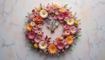 Beautiful wall clock adorned with vibrant flowers, blending pink and orange tones, suitable for home decoration.の素材