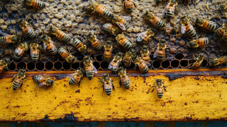 Swarm of bees actively working on hexagonal frames inside their hive, showcasing honey production and hive activity.の素材
