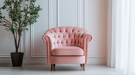 This blush pink velvet throne features elegant tufting and sits against a bright white background, enhancing the decor.の素材