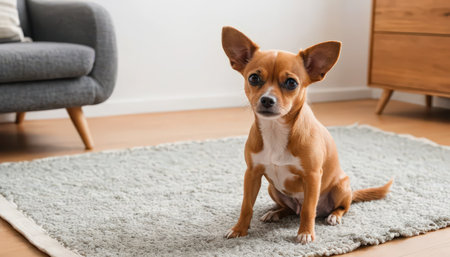 A small brown dog with ears perked up sits on a plush rug in a welcoming living room setting.の素材