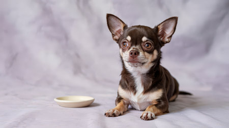 A relaxed chihuahua sits attentively against a soft backdrop, showing its features and surrounding dish.の素材