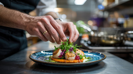 A chef carefully places microgreens on a beautifully plated dish of scallops in a busy restaurant kitchen.の素材