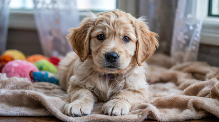 Golden retriever puppy lies comfortably on a blanket with vibrant toys nearby, enjoying a peaceful moment indoors.の素材