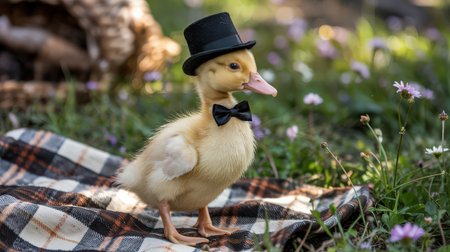 A yellow duck poses charmingly on a plaid blanket in a garden adorned with colorful flowers during daytime.の素材