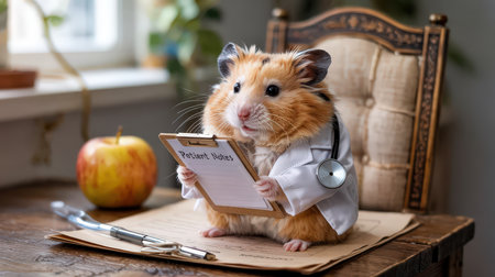 Fluffy golden hamster in a doctor outfit holds a clipboard, sitting on a chair in a warm, inviting room.の素材