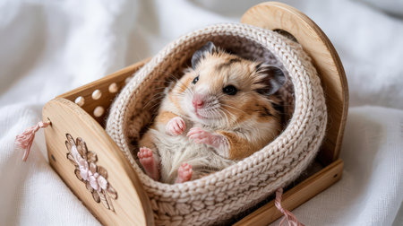 A cute hamster nestled in a soft woven basket, showing its fluffy fur and peaceful demeanor in gentle pastel colors.の素材