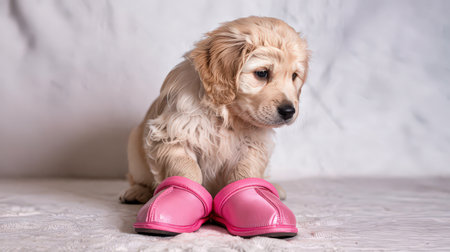 Golden retriever puppy with fluffy fur sits calmly while wearing cute pink footwear on a soft backdrop indoors.の素材