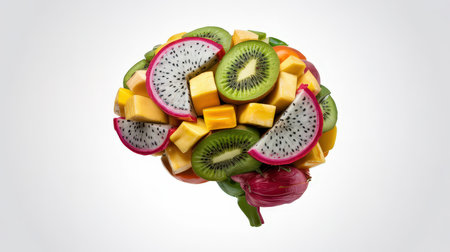 Fruit display shaped like a brain uses kiwi and dragon fruit, showing vibrant colors and nutrition.の素材
