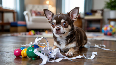 A playful dog enjoys a mess of colorful toys and torn paper in a warm and inviting home environment filled with light.の素材