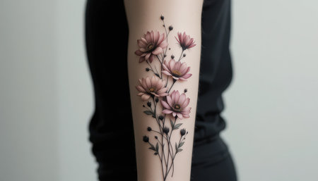 Delicate pink floral tattoo with fine lines on a forearm against a neutral background.の素材