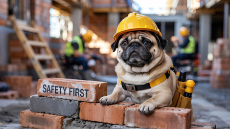 A pug wearing a hard hat sits on bricks labeled safety first while construction workers work in the background.の素材
