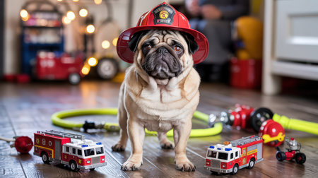 A determined pug displaying confidence while donning a firefighter helmet surrounded by toy fire trucks and hoses.の素材
