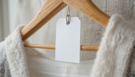 A blank clothing tag is attached to a wooden hanger holding a soft garment in a cozy and well-lit space.の素材