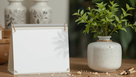 Decorative setup showcases a blank card and a green plant, enhancing the tranquil atmosphere of the room.の素材