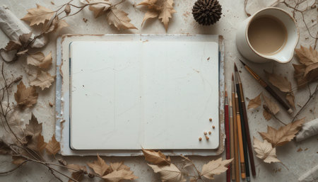 A blank notebook is surrounded by dried leaves, a coffee cup, and art supplies in a tranquil and inviting setting.の素材