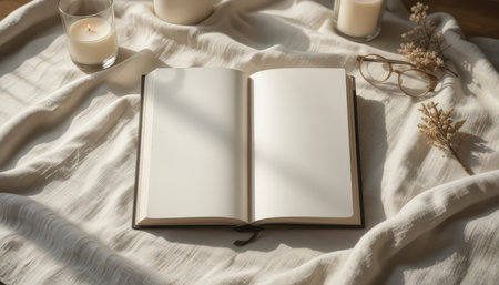 An open, empty notebook lays on a light fabric with candles and dried flowers, creating a serene atmosphere.の素材