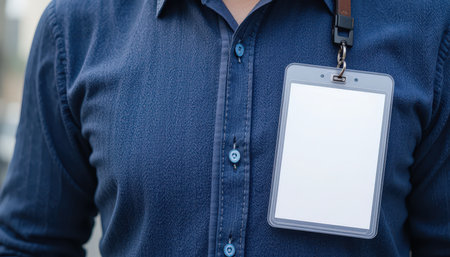 Person wearing a blue shirt displays an empty ID badge while attending an event in a city setting.の素材