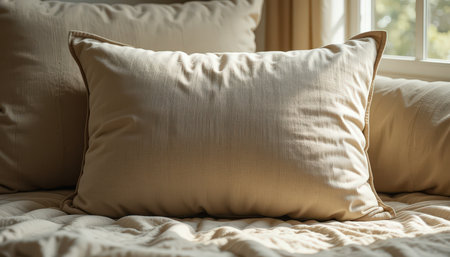 Cozy beige pillow situated on a soft bed with sunlight illuminating the serene bedroom atmosphere.の素材