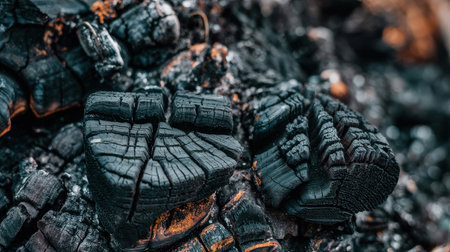A detailed examination of burned wood reveals unique textures and patterns created through charring and heat exposure.の素材