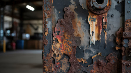 The close up reveals intriguing textures of rust and peeling paint on a metal surface inside a spacious warehouse.の素材