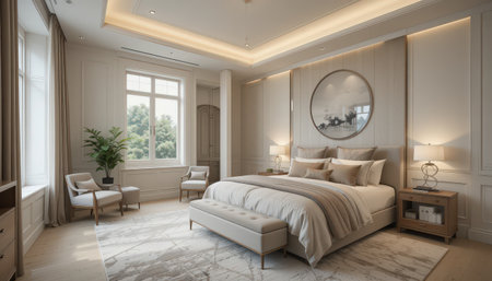 Spacious bedroom design featuring a plush bed, stylish decor, and natural light from large windows.の素材