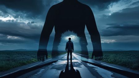 A lone figure stands on a road, silhouetted against a towering shadow and dark, eerie clouds.の素材