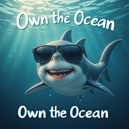 A joyful shark swims underwater, sporting sunglasses, in a colorful ocean habitat filled with bubbles.の素材