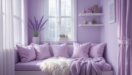 A calming corner with lavender walls, plush cushions, and soft textiles, inviting relaxation and peaceful moments.の素材