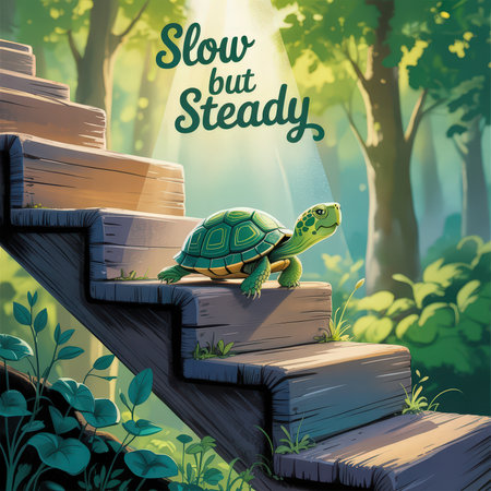 A turtle ascends wooden stairs surrounded by lush greenery and shafts of sunlight in a serene forest.の素材