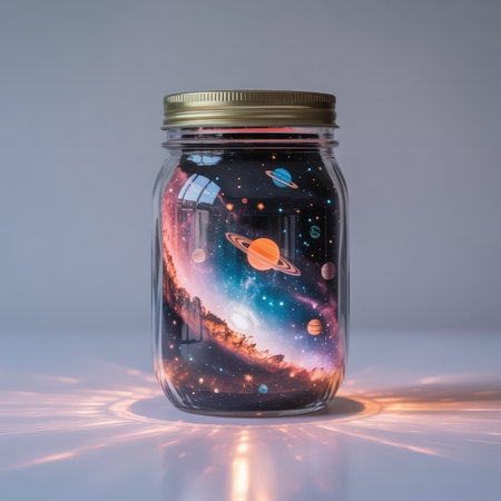 A clear glass mason jar displays a vibrant cosmic scene with planets and a swirling galaxy, glowing softly.の素材