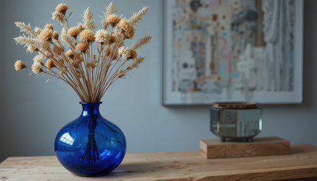 A blue vase filled with dried flowers sits on a wooden table in a contemporary decorated room.の素材