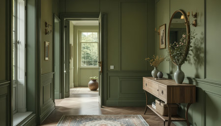 A beautifully designed hallway features green walls, wooden accents, and natural light illuminating decorative elements.の素材